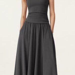 2Pcs Set Boatneck Brami Tank & Umbrella Maxi Skirt with Pockets - Charcoal Small